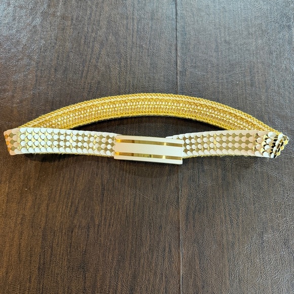 Vintage Gold & White Fish Scale Stretch Belt with Rectangular Buckle main image 4